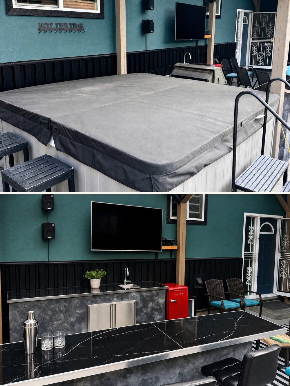 Covered hot tub and outdoor bar kitchen